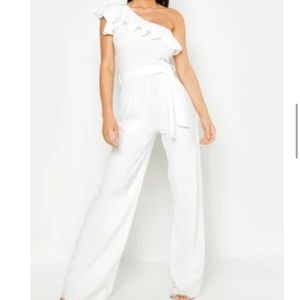 One shoulder tie belt wide leg jumpsuit